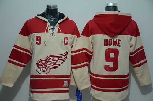 Red Wings #9 Gordie Howe Cream Sawyer Hooded Sweatshirt Stitched NHL Jersey - Click Image to Close